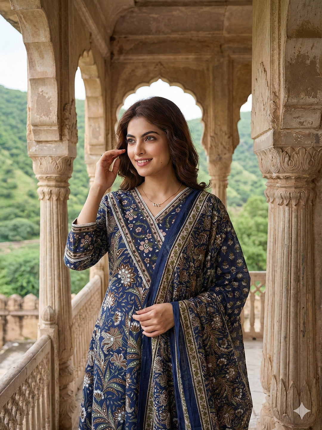Jaitpuriya Blue Pure Cotton Anarkali Angrakha Kurta Set