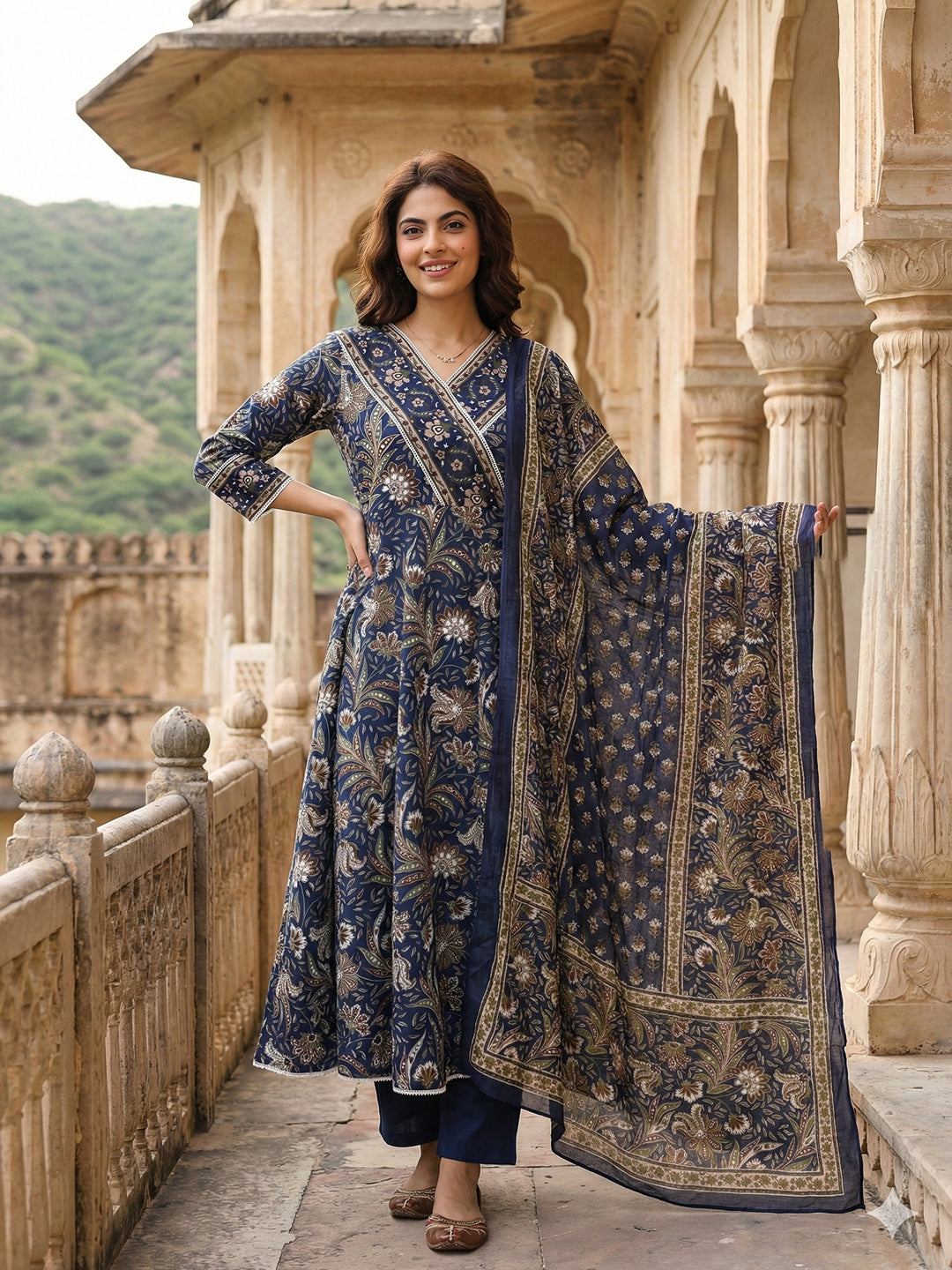 Jaitpuriya Blue Pure Cotton Anarkali Angrakha Kurta Set