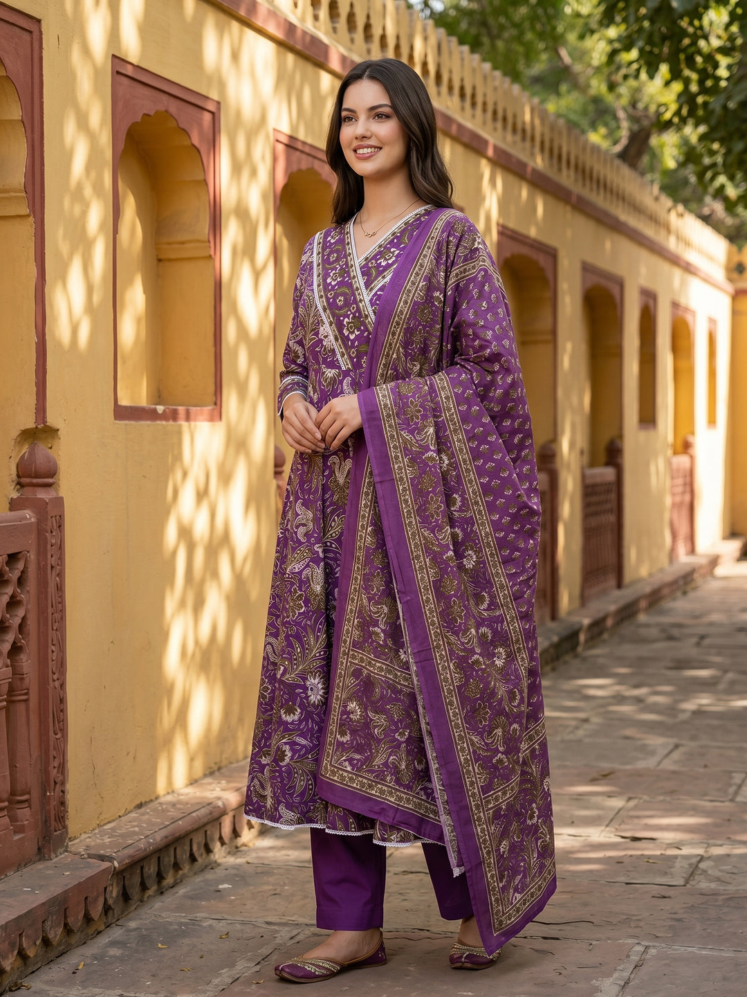 Jaitpuriya Purple Pure Cotton Anarkali Angrakha Kurta Set