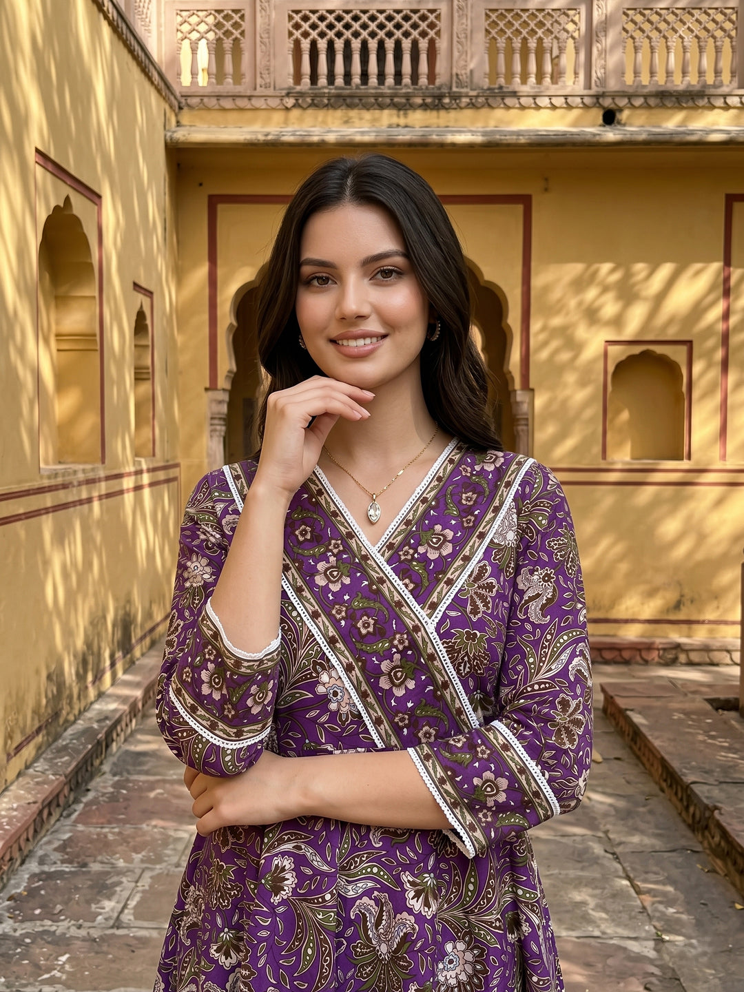 Jaitpuriya Purple Pure Cotton Anarkali Angrakha Kurta Set