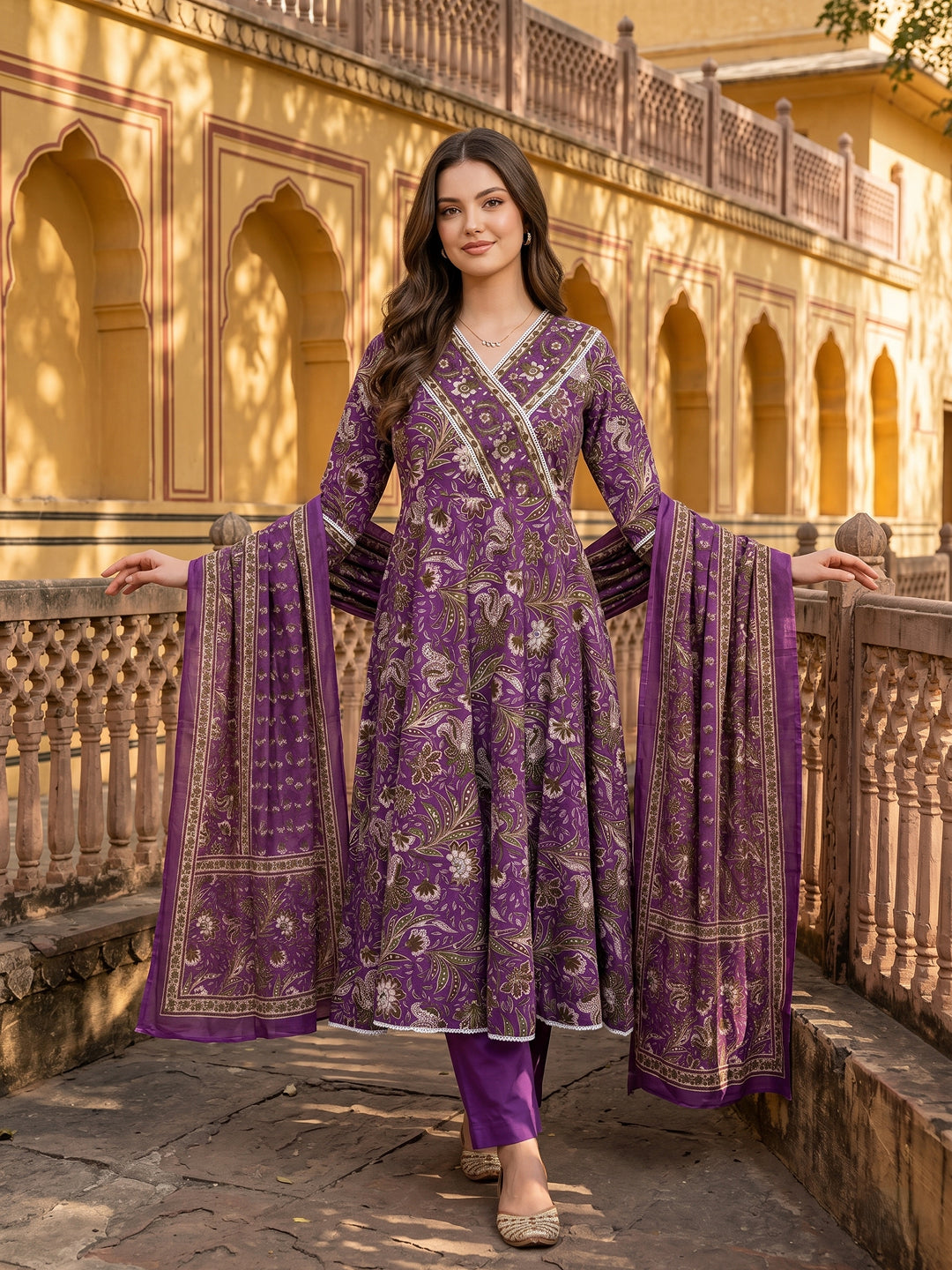 Jaitpuriya Purple Pure Cotton Anarkali Angrakha Kurta Set