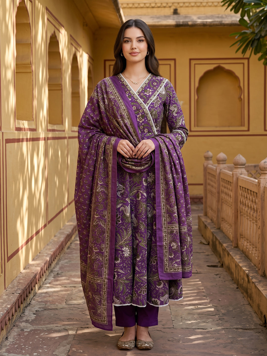 Jaitpuriya Purple Pure Cotton Anarkali Angrakha Kurta Set