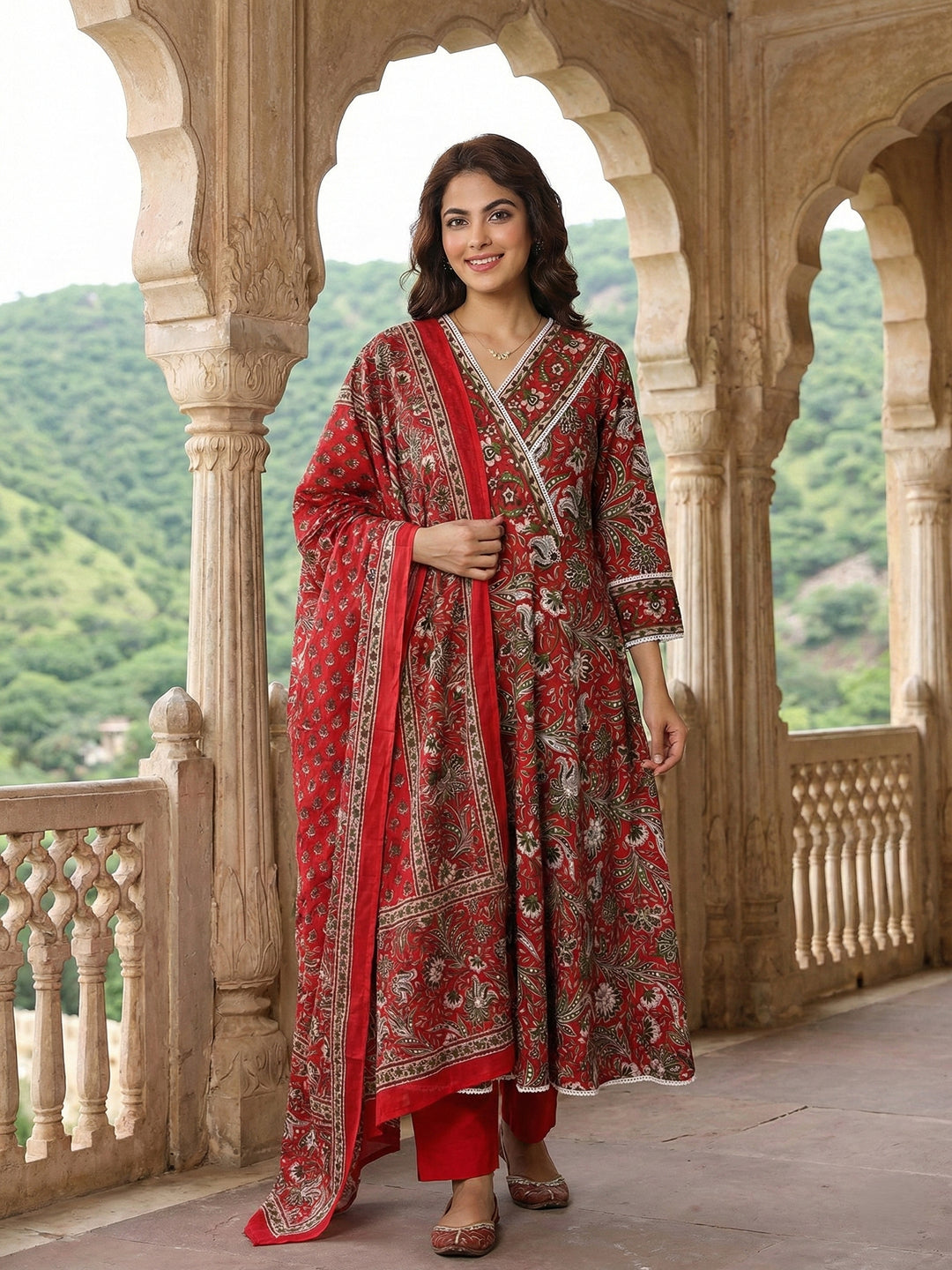 Jaitpuriya Red Pure Cotton Anarkali Angrakha Kurta Set