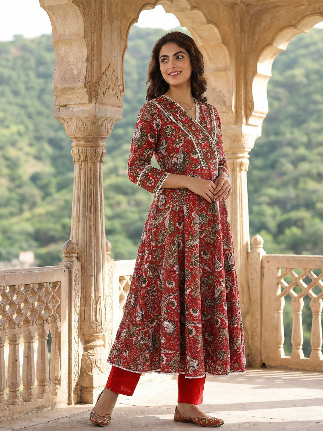 Jaitpuriya Red Pure Cotton Anarkali Angrakha Kurta Set