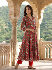 Jaitpuriya Red Pure Cotton Anarkali Angrakha Kurta Set