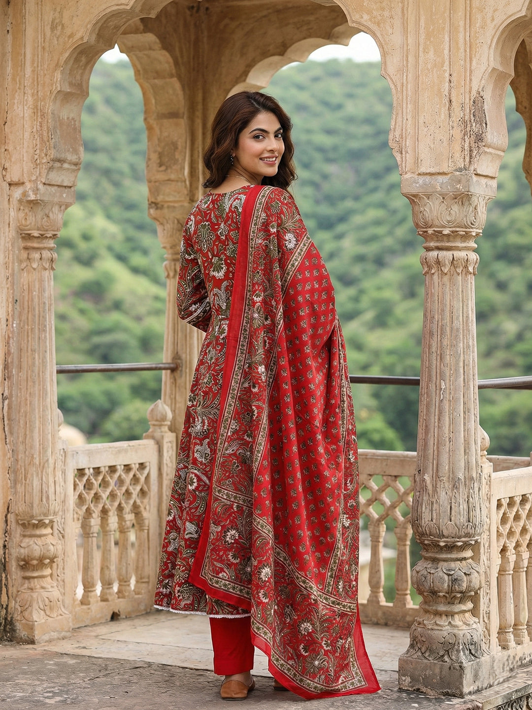 Jaitpuriya Red Pure Cotton Anarkali Angrakha Kurta Set