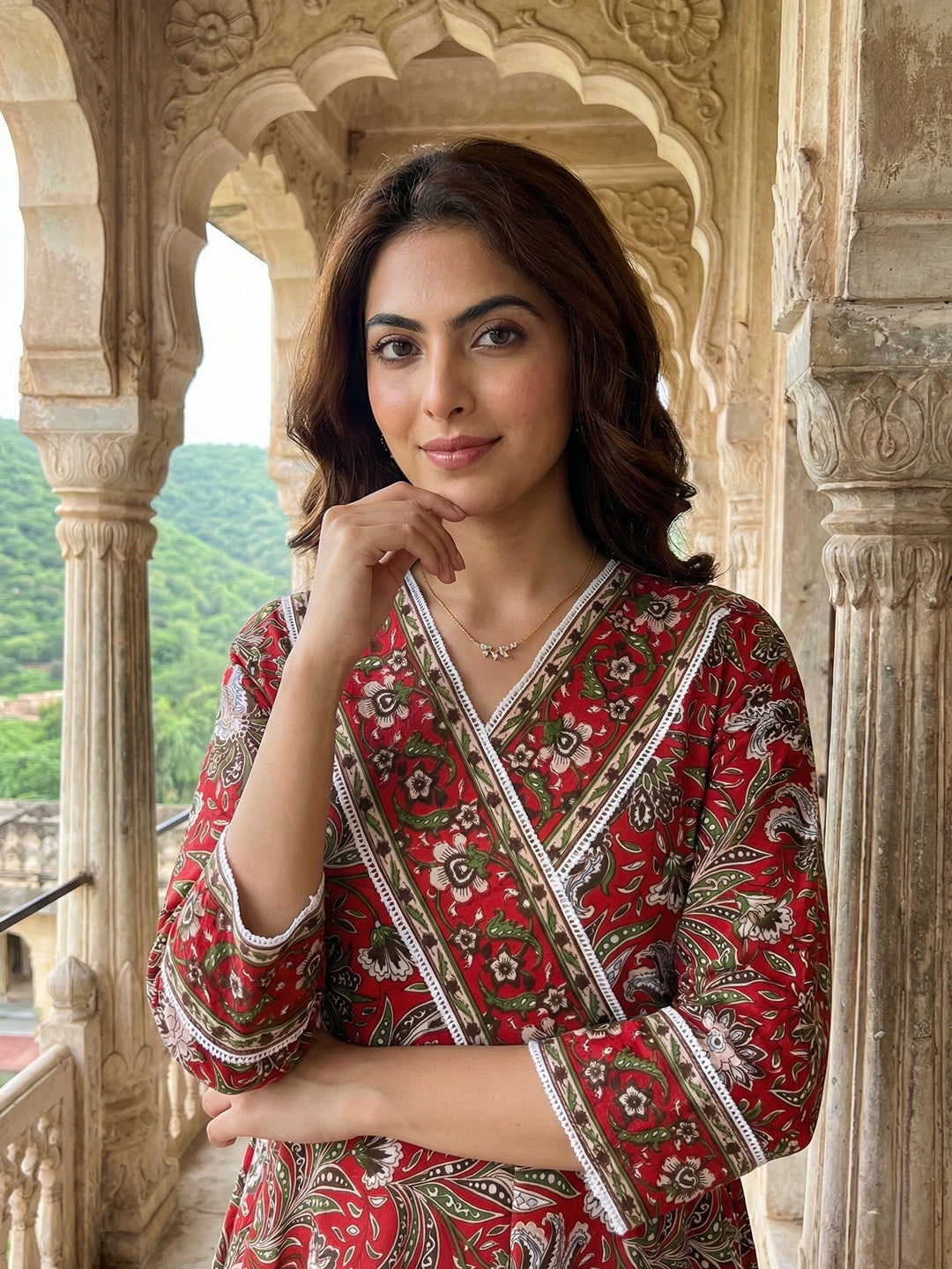 Jaitpuriya Red Pure Cotton Anarkali Angrakha Kurta Set