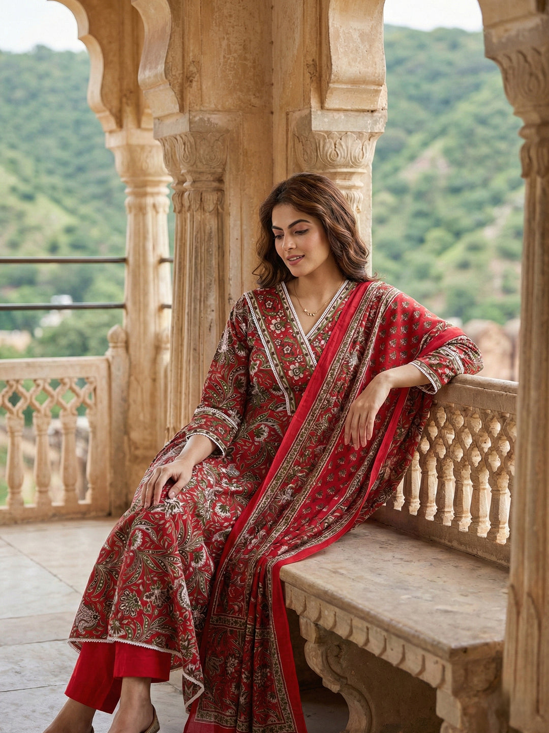 Jaitpuriya Red Pure Cotton Anarkali Angrakha Kurta Set