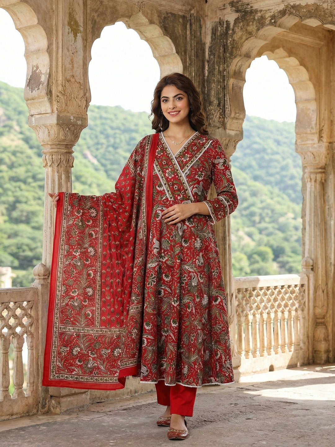 Jaitpuriya Red Pure Cotton Anarkali Angrakha Kurta Set