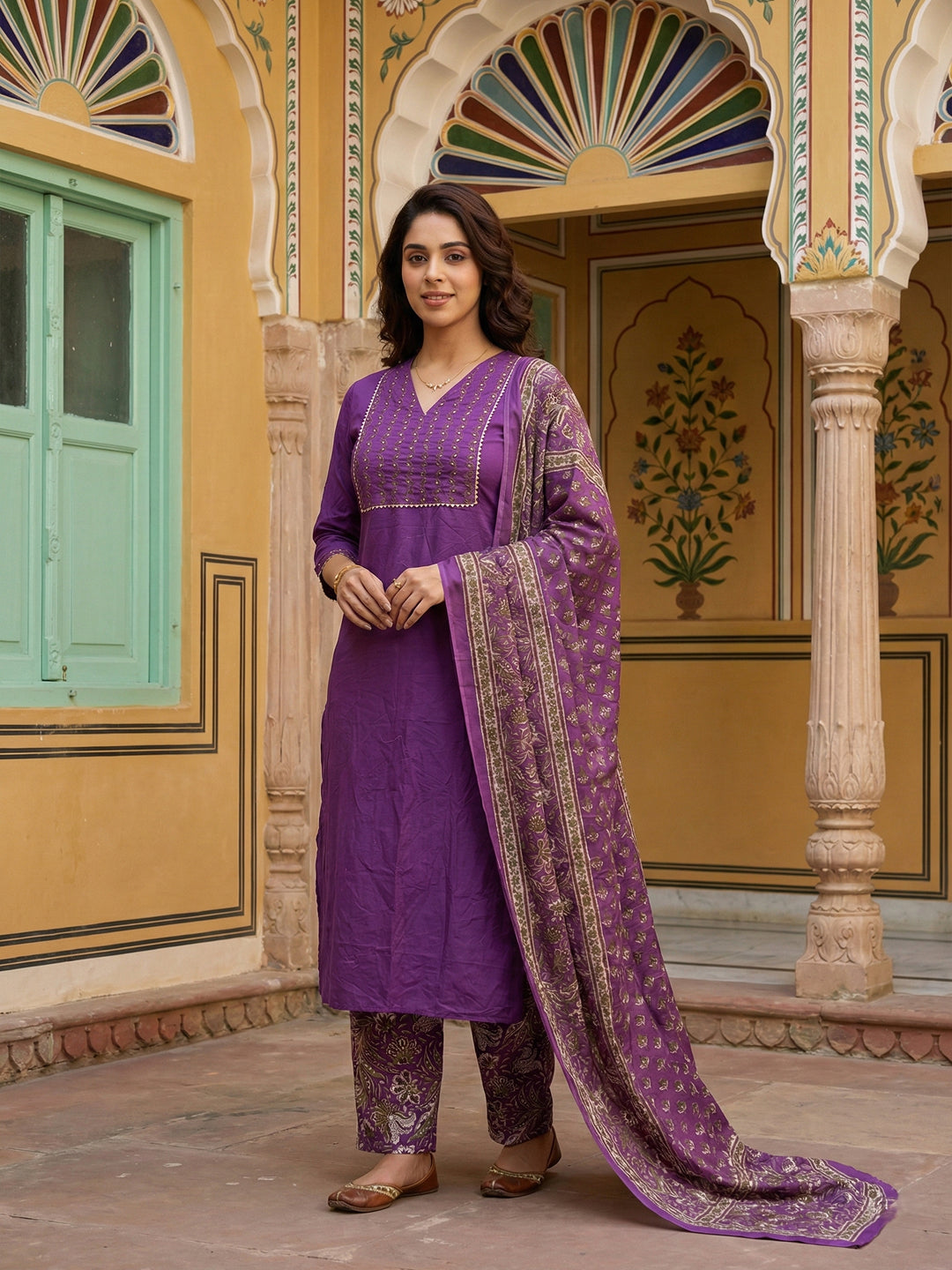 Jaitpuriya Purple Pure Cotton Straight Regular Kurta Set