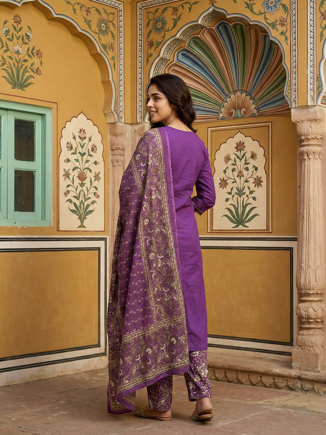 Jaitpuriya Purple Pure Cotton Straight Regular Kurta Set