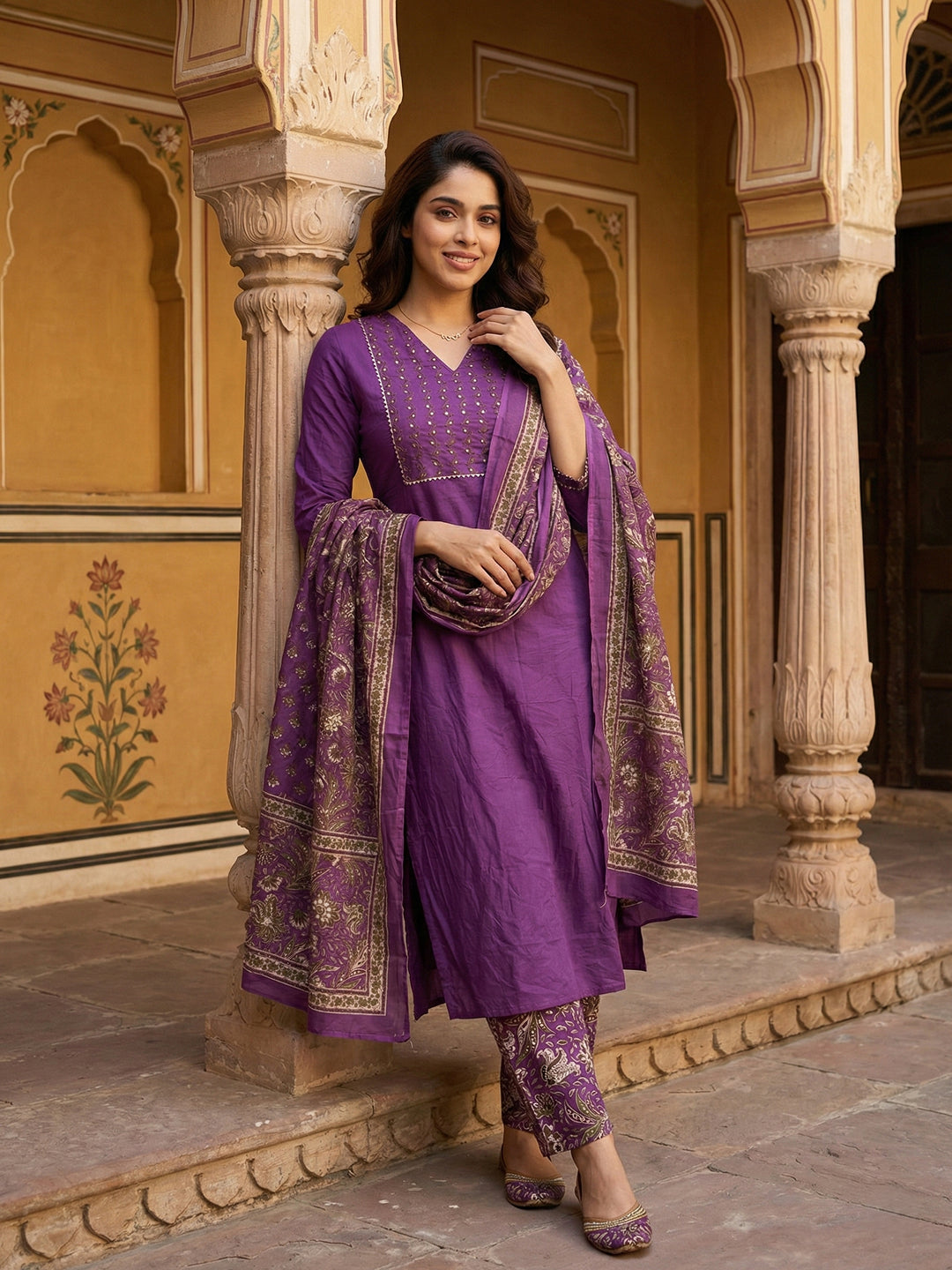 Jaitpuriya Purple Pure Cotton Straight Regular Kurta Set