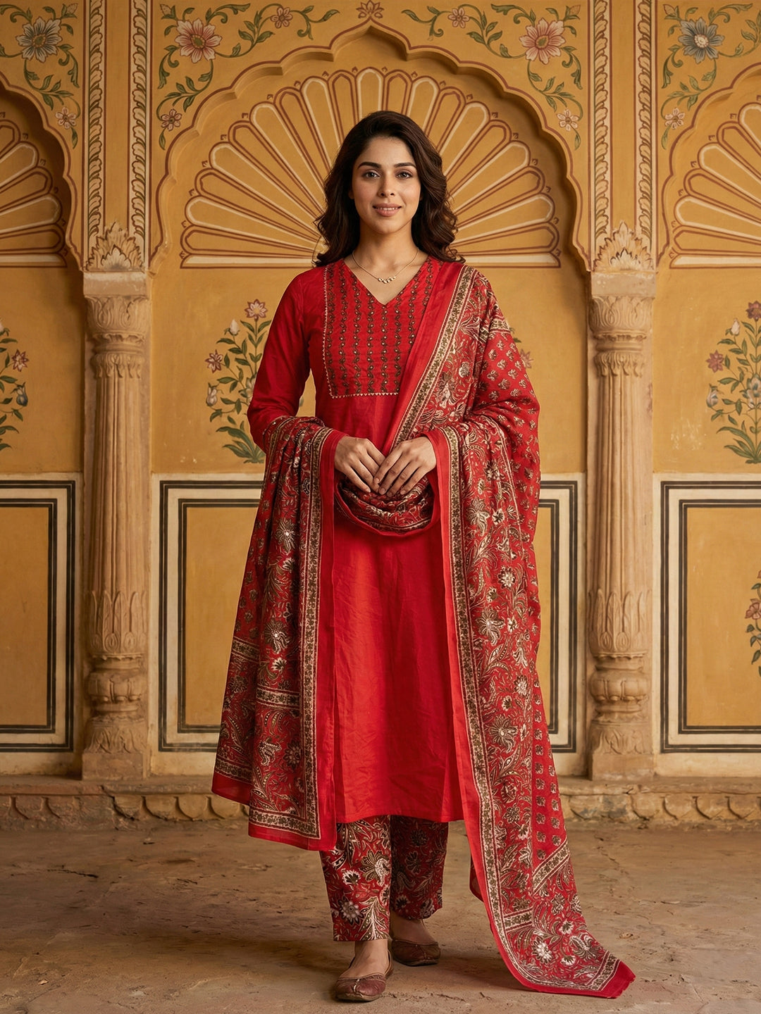 Jaitpuriya Red Pure Cotton Straight Regular Kurta Set