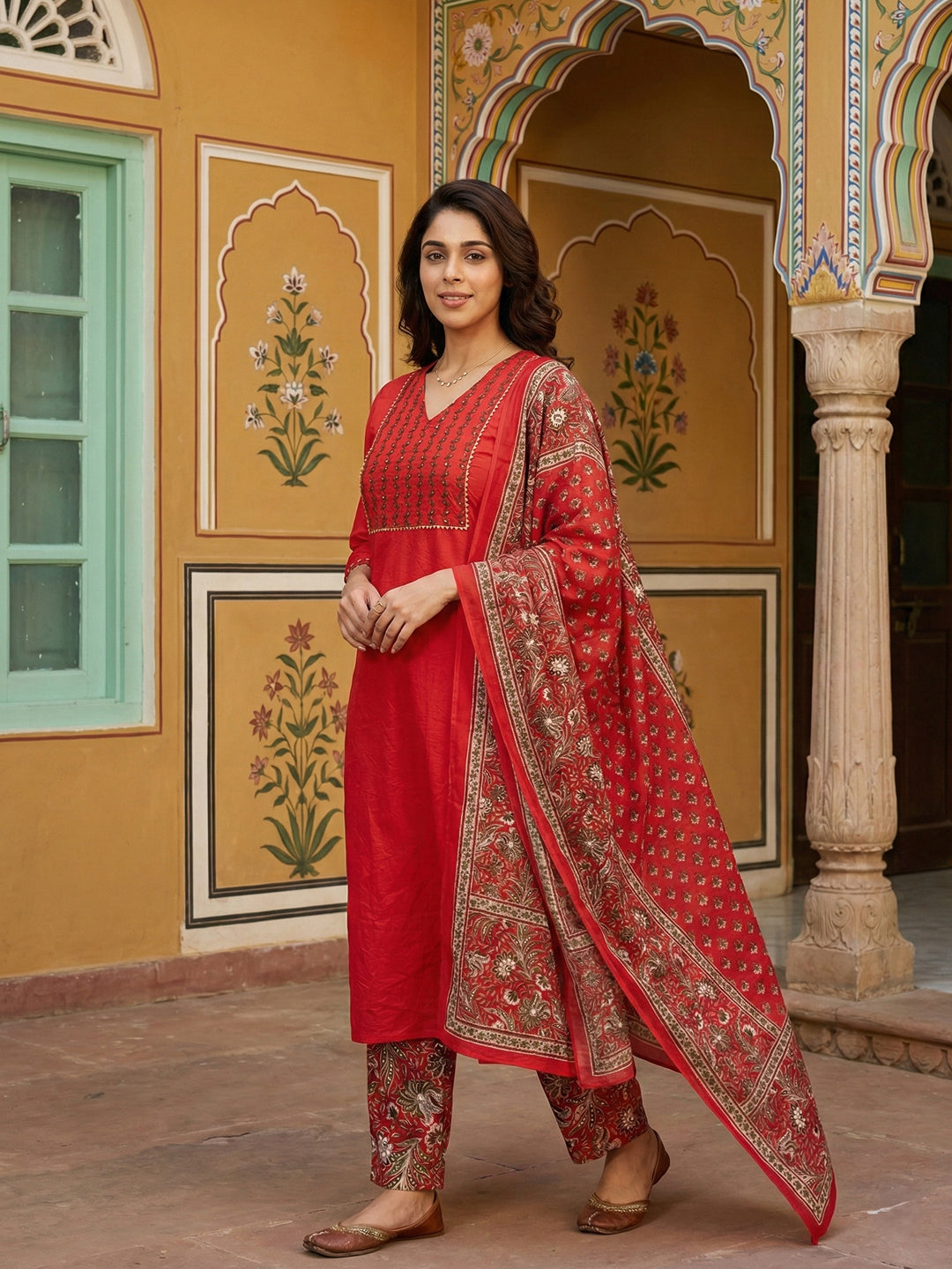 Jaitpuriya Red Pure Cotton Straight Regular Kurta Set