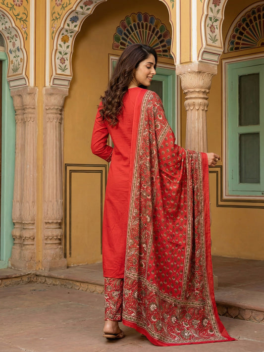Jaitpuriya Red Pure Cotton Straight Regular Kurta Set