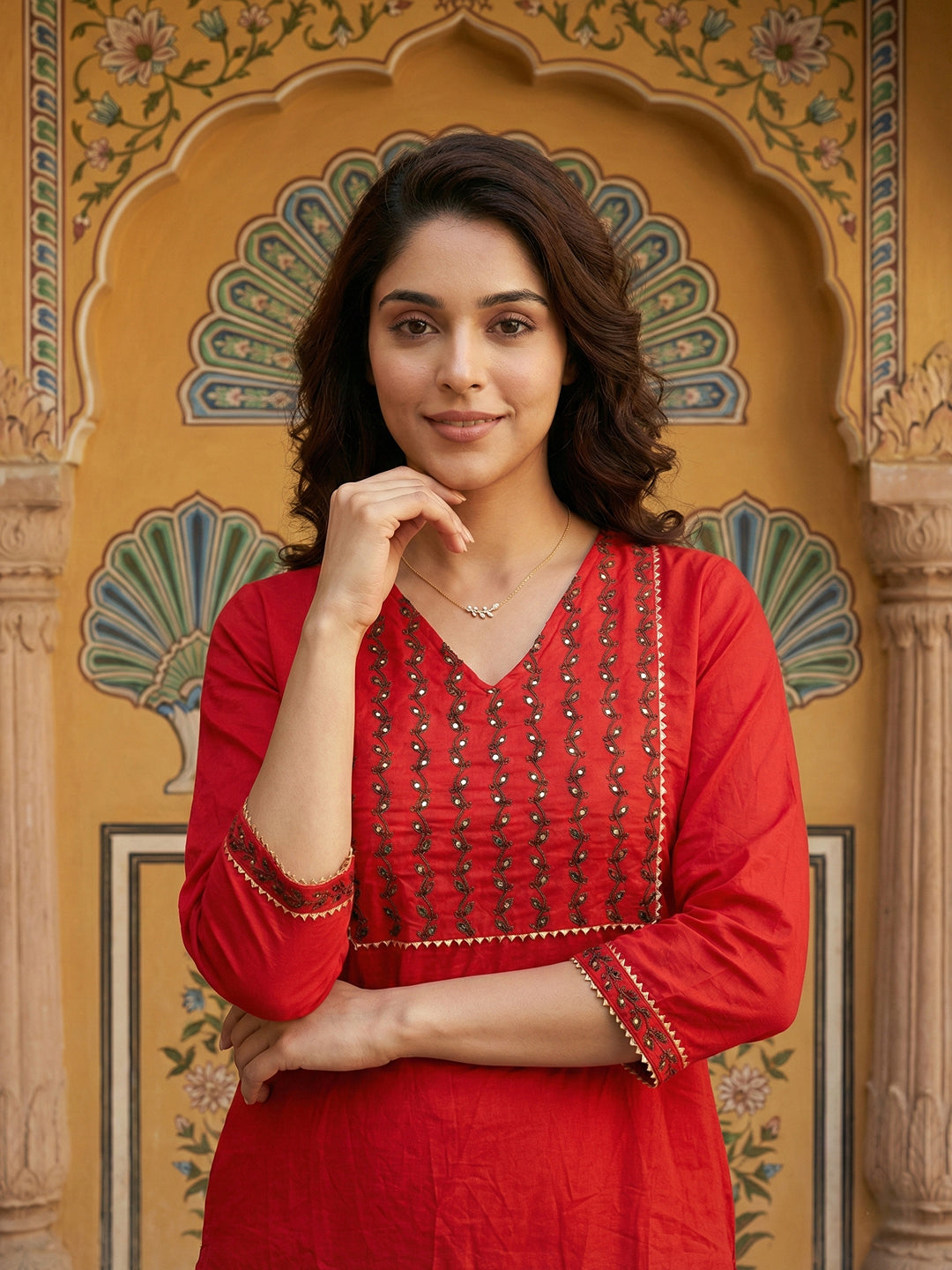 Jaitpuriya Red Pure Cotton Straight Regular Kurta Set