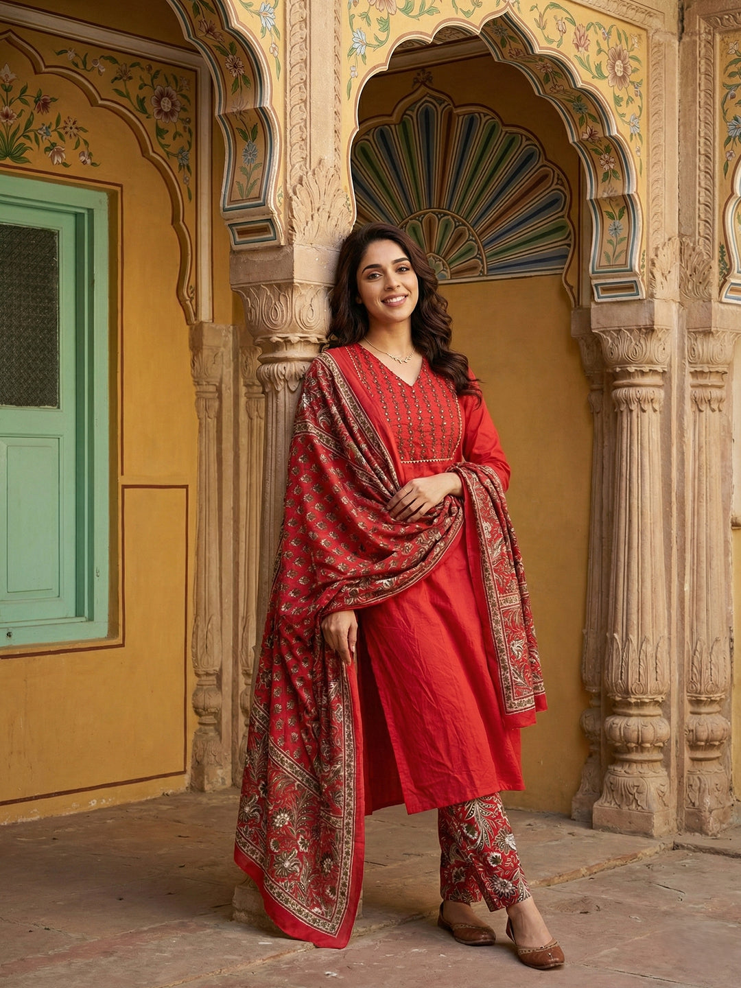 Jaitpuriya Red Pure Cotton Straight Regular Kurta Set