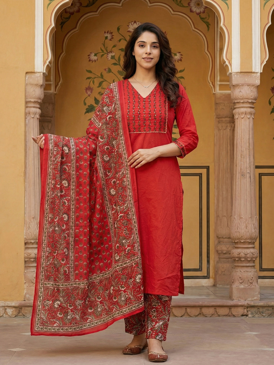 Jaitpuriya Red Pure Cotton Straight Regular Kurta Set