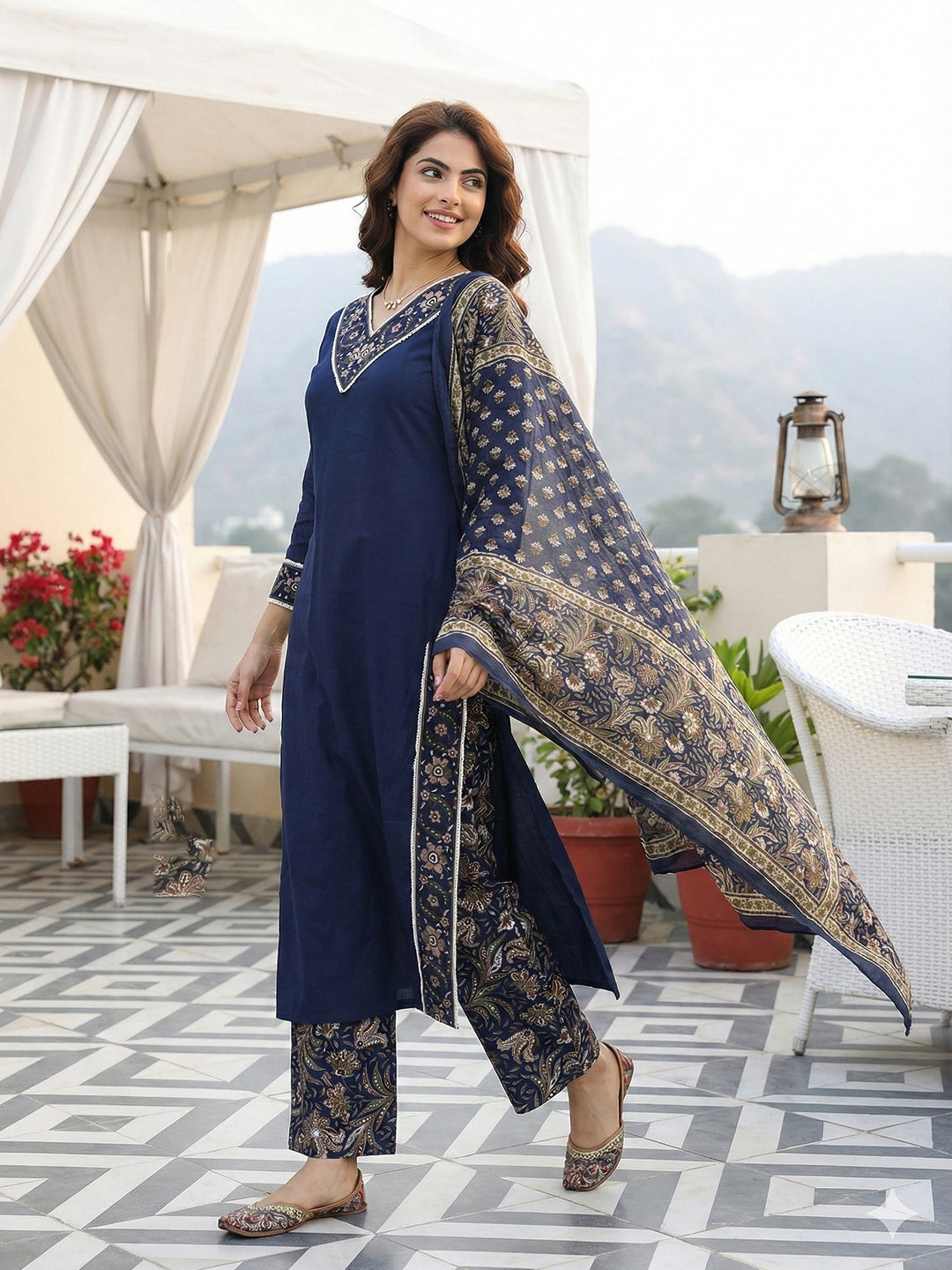 Jaitpuriya Blue Pure Cotton Straight Regular Kurta Set