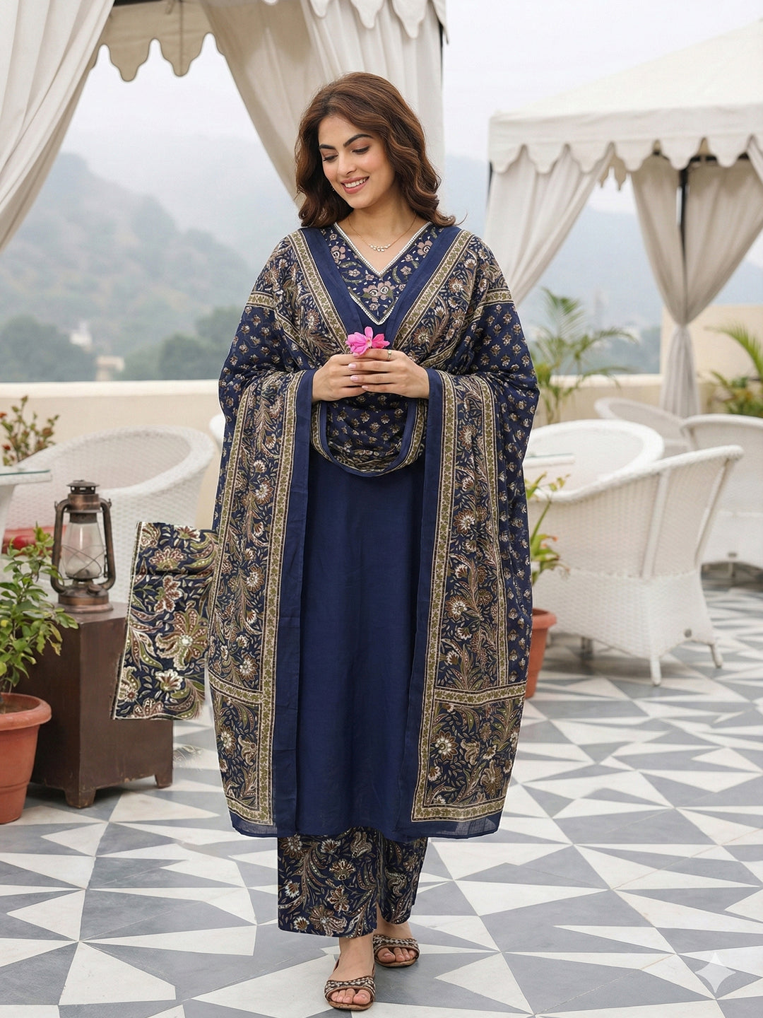 Jaitpuriya Blue Pure Cotton Straight Regular Kurta Set