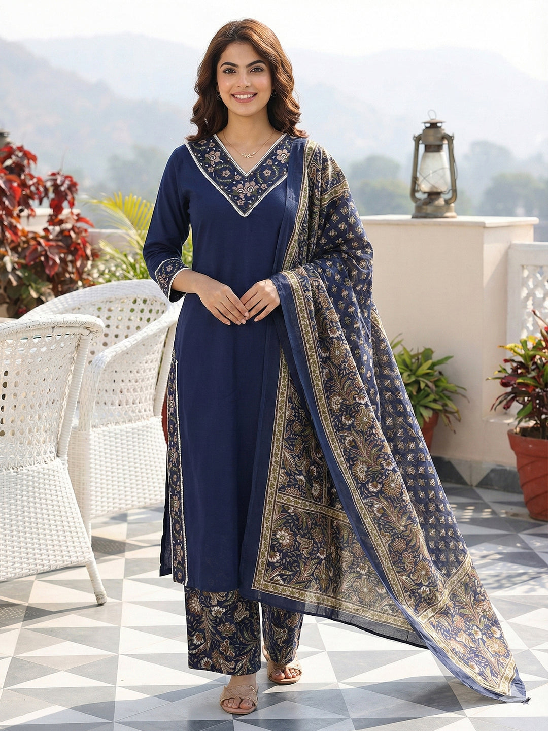 Jaitpuriya Blue Pure Cotton Straight Regular Kurta Set