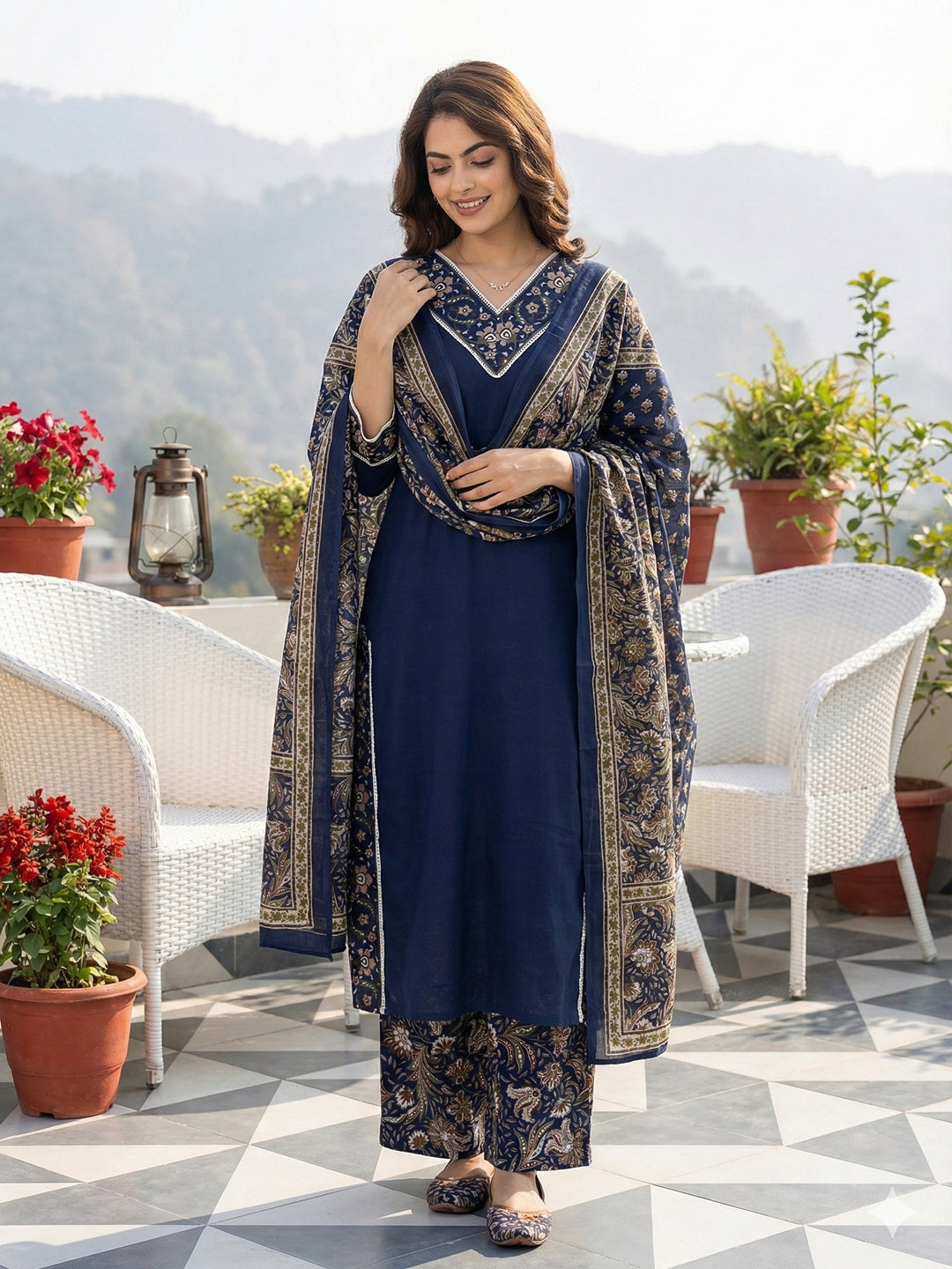Jaitpuriya Blue Pure Cotton Straight Regular Kurta Set