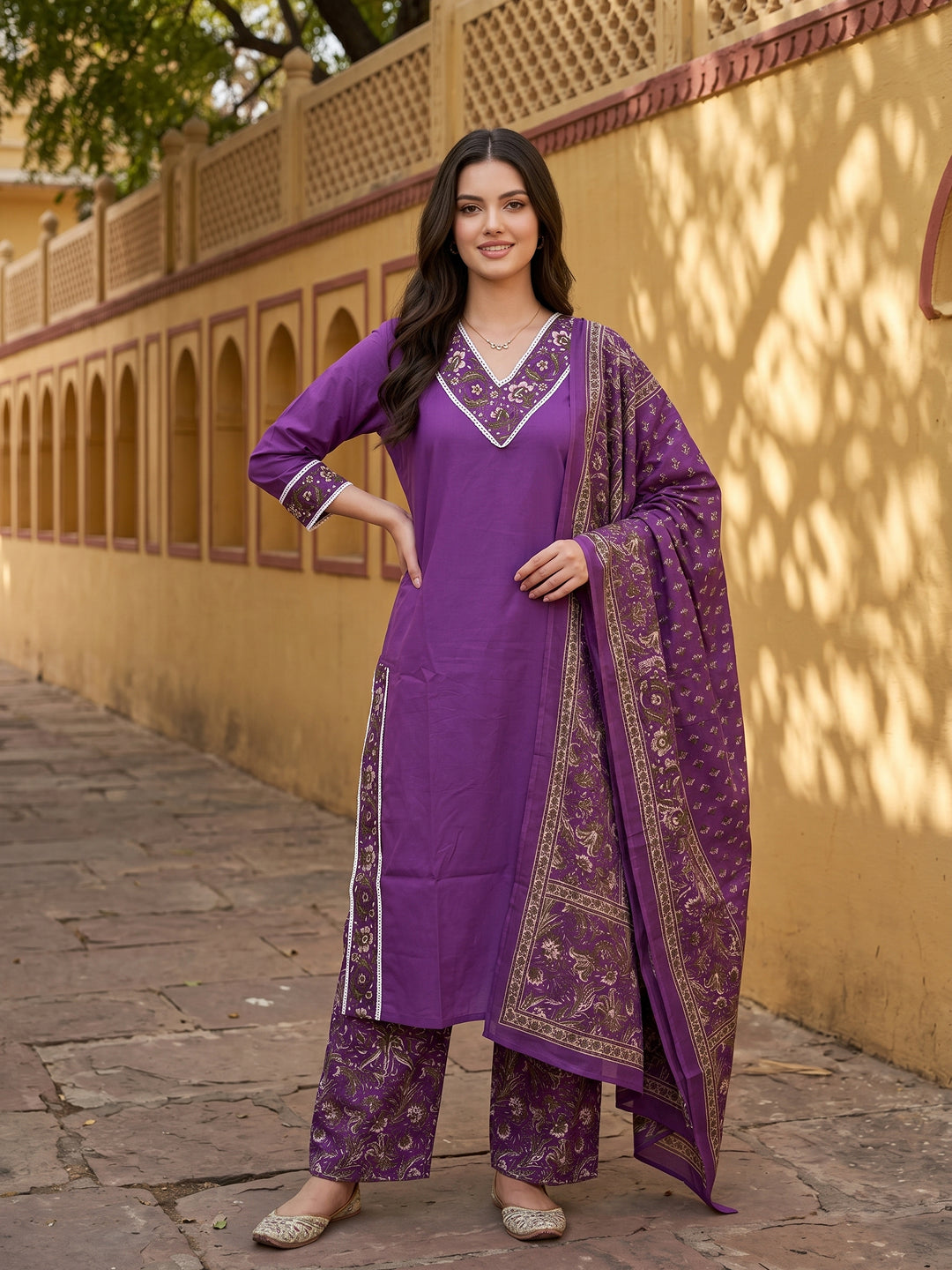 Purple Pure Cotton Straight Regular Kurta Set