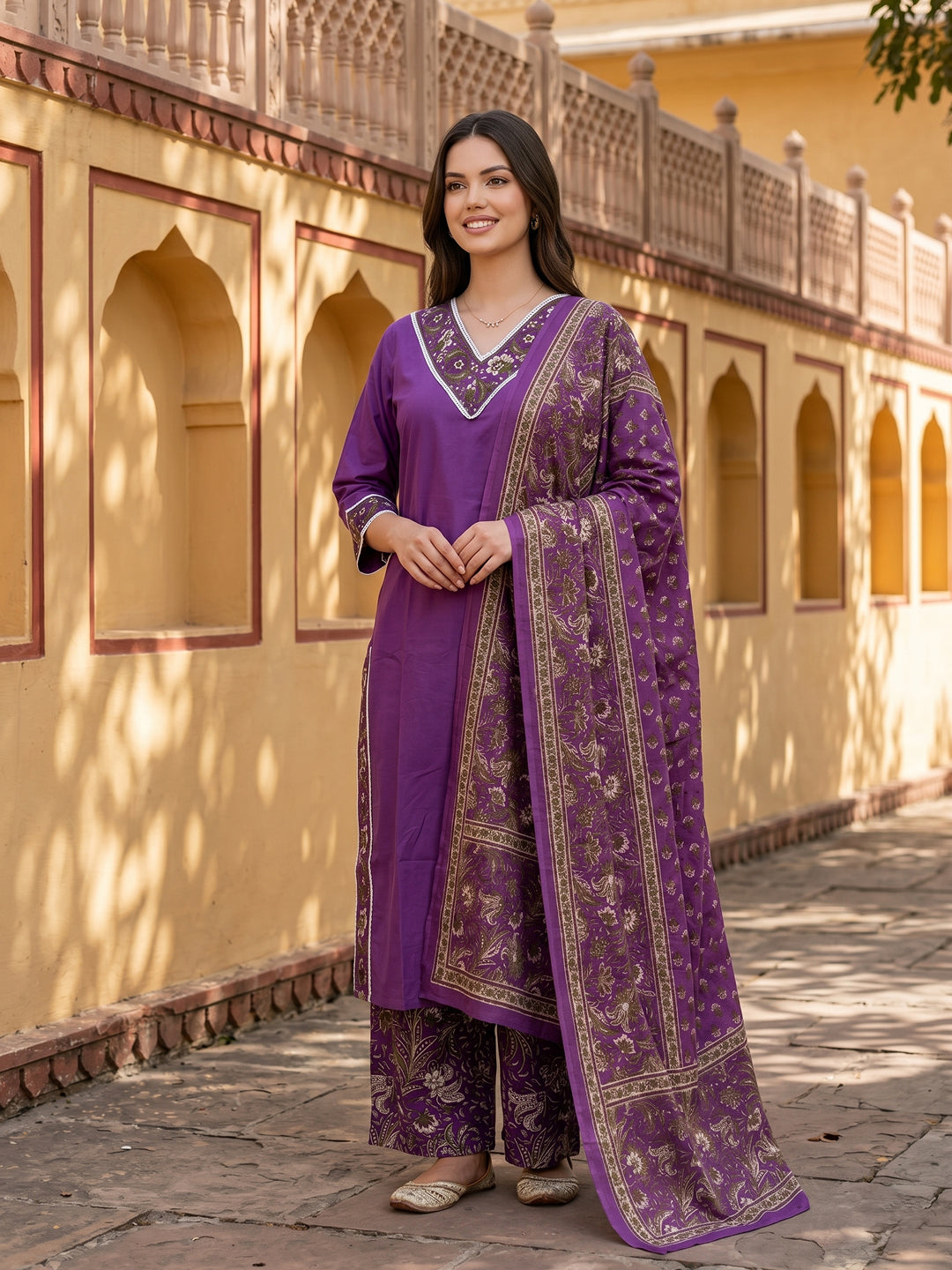 Purple Pure Cotton Straight Regular Kurta Set