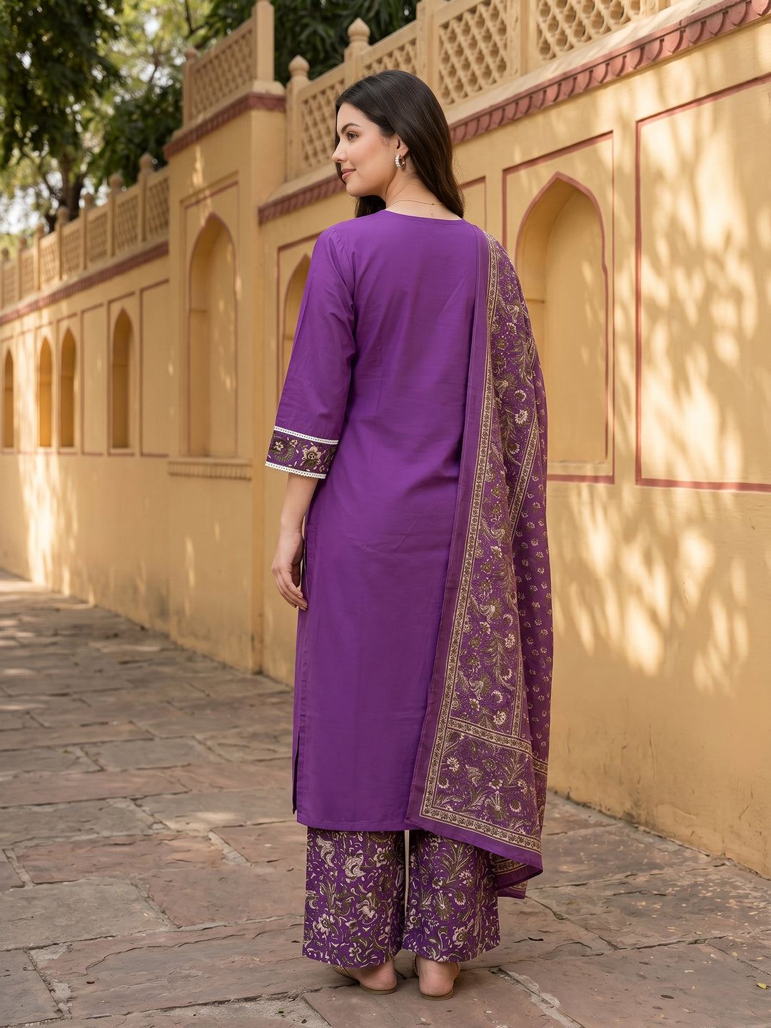Purple Pure Cotton Straight Regular Kurta Set