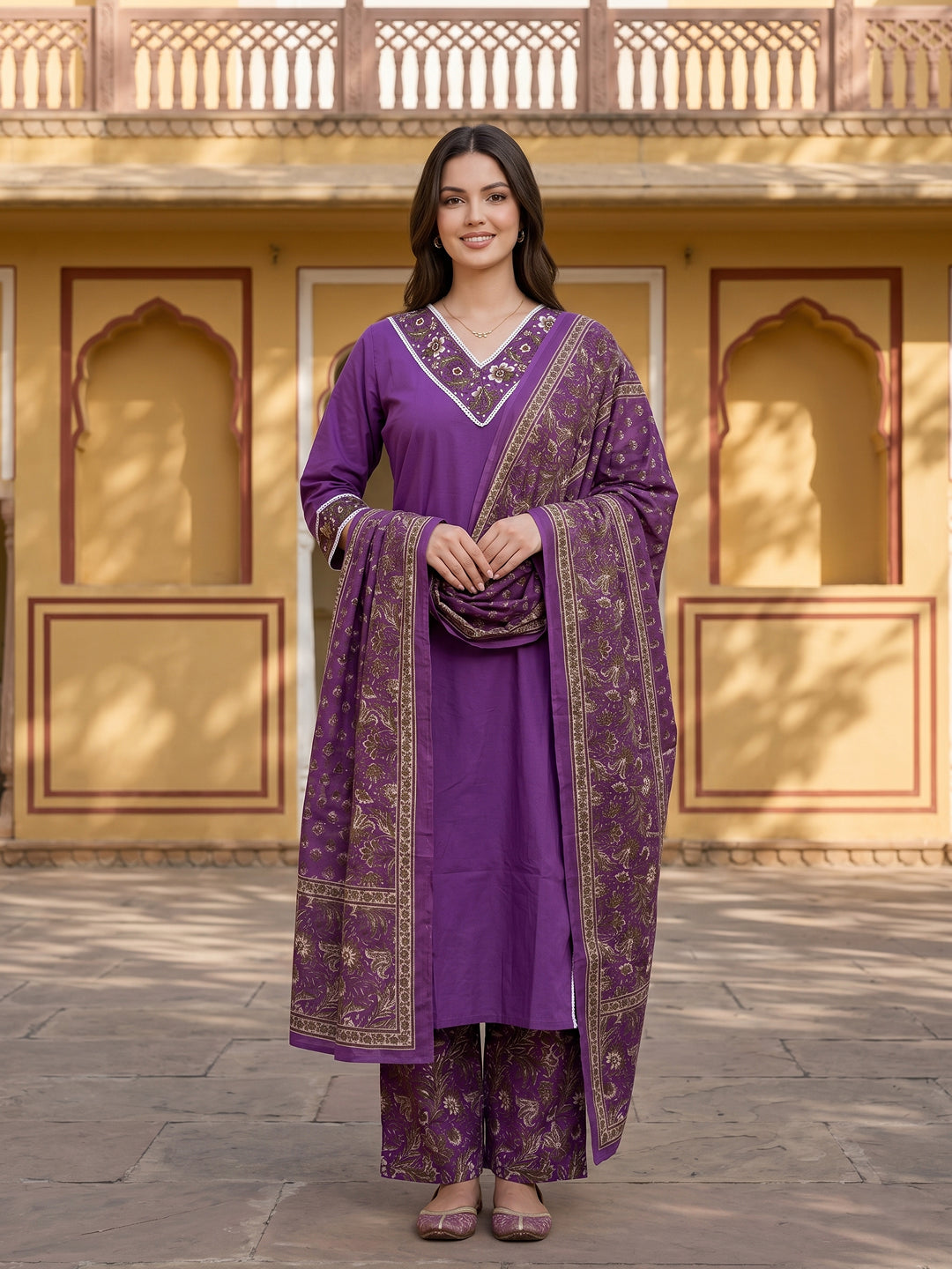 Purple Pure Cotton Straight Regular Kurta Set