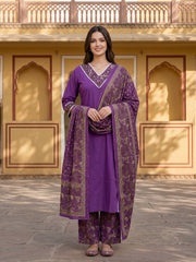 Purple Pure Cotton Straight Regular Kurta Set