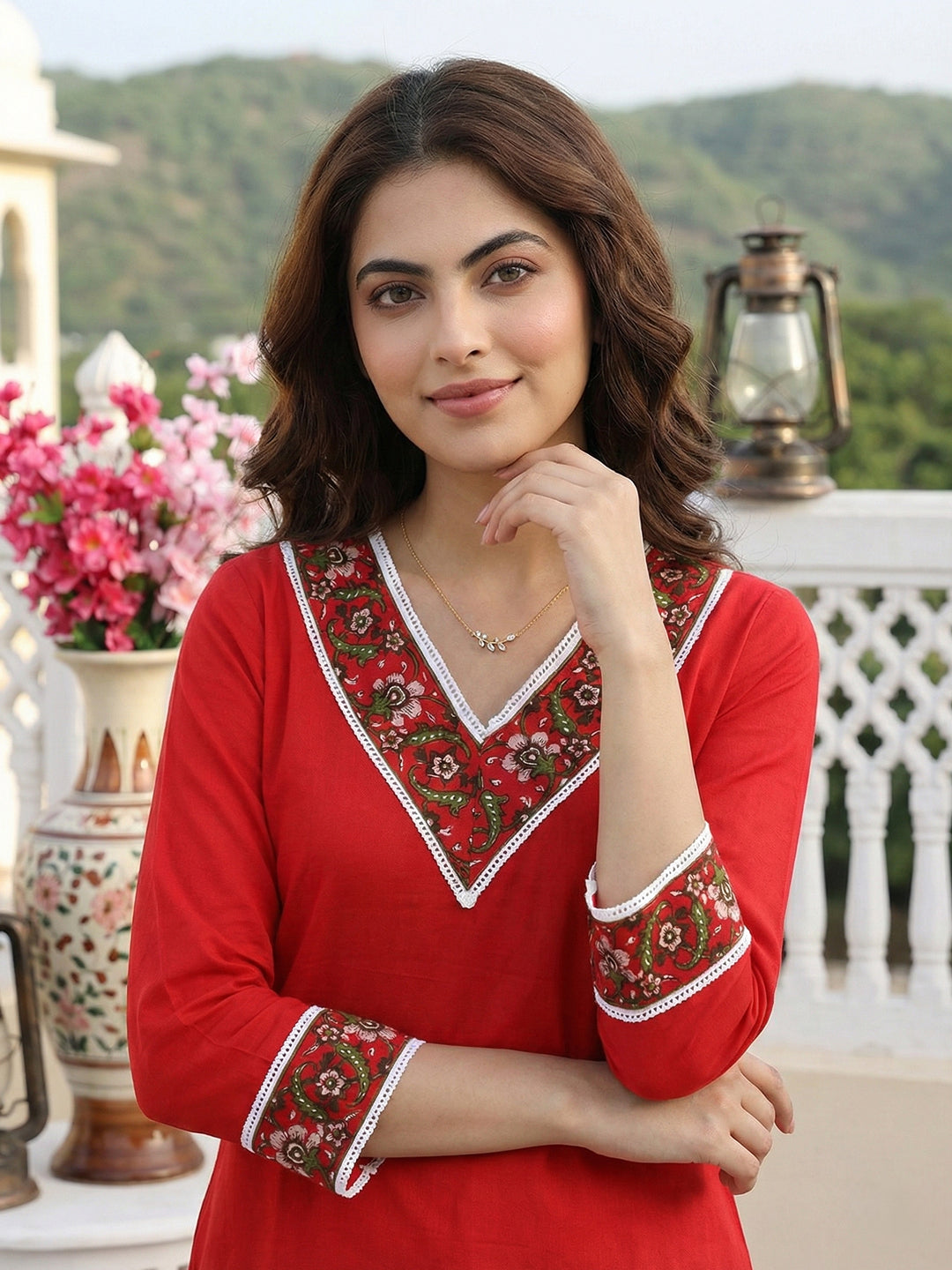 Jaitpuriya Red Pure Cotton Straight Regular Kurta Set