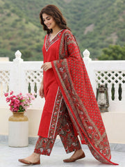 Jaitpuriya Red Pure Cotton Straight Regular Kurta Set