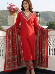 Jaitpuriya Red Pure Cotton Straight Regular Kurta Set