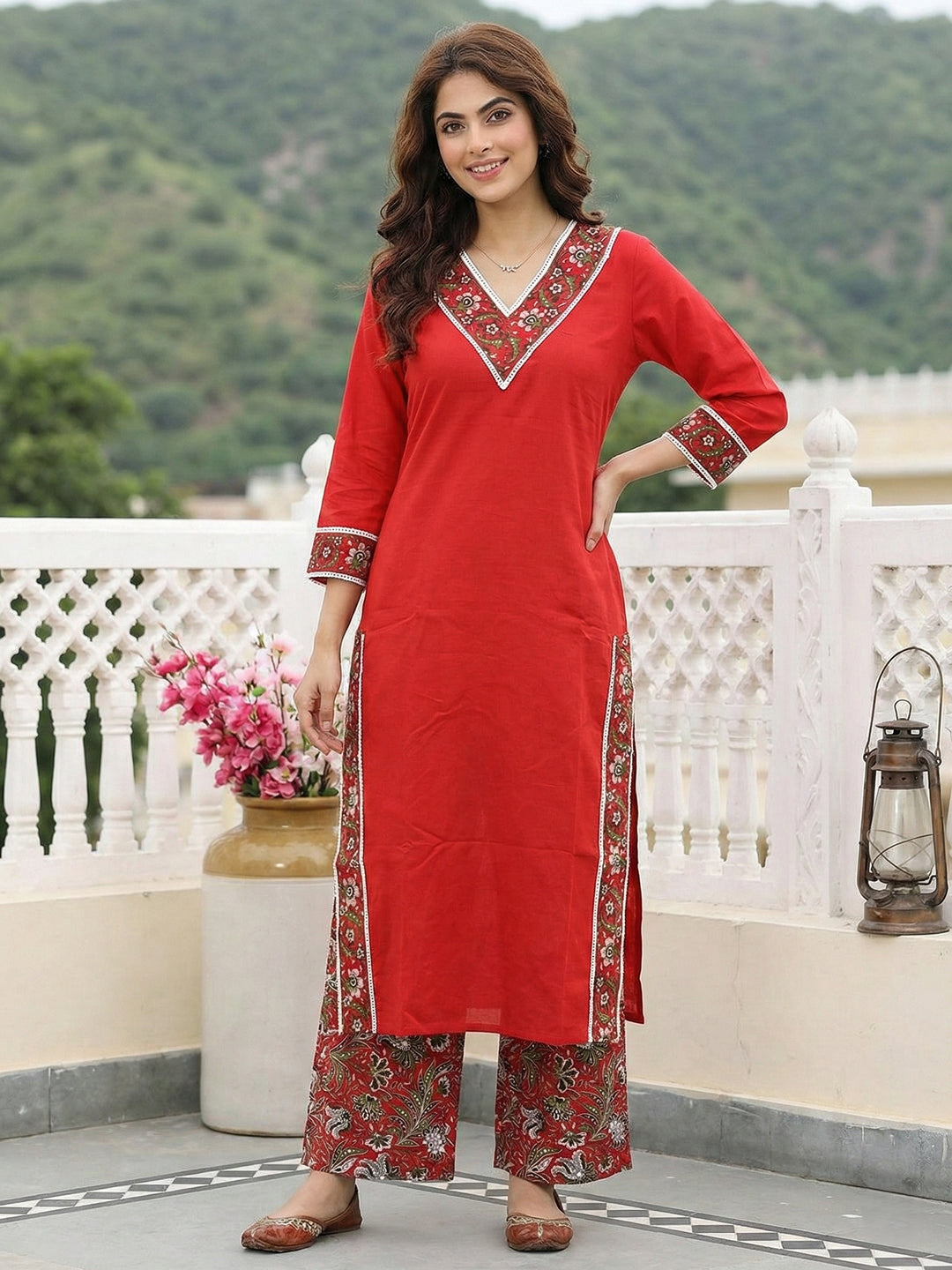 Jaitpuriya Red Pure Cotton Straight Regular Kurta Set