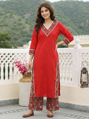 Jaitpuriya Red Pure Cotton Straight Regular Kurta Set