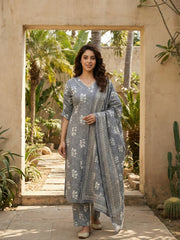 Jaitpuriya Grey Pure Cotton Straight Regular Kurta Set