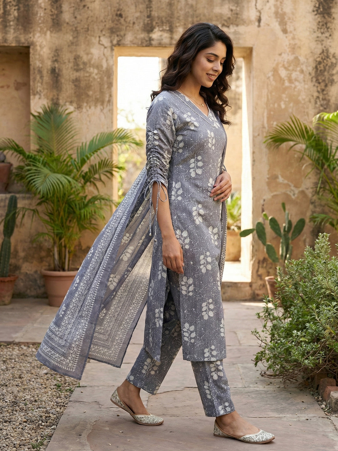Jaitpuriya Grey Pure Cotton Straight Regular Kurta Set
