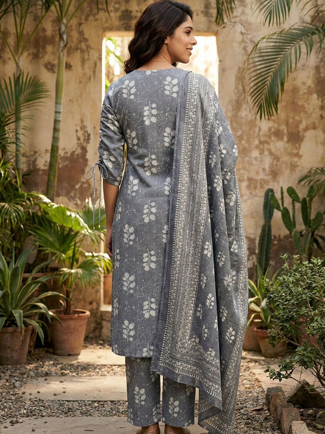 Jaitpuriya Grey Pure Cotton Straight Regular Kurta Set