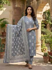 Jaitpuriya Grey Pure Cotton Straight Regular Kurta Set