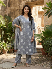 Jaitpuriya Grey Pure Cotton Straight Regular Kurta Set