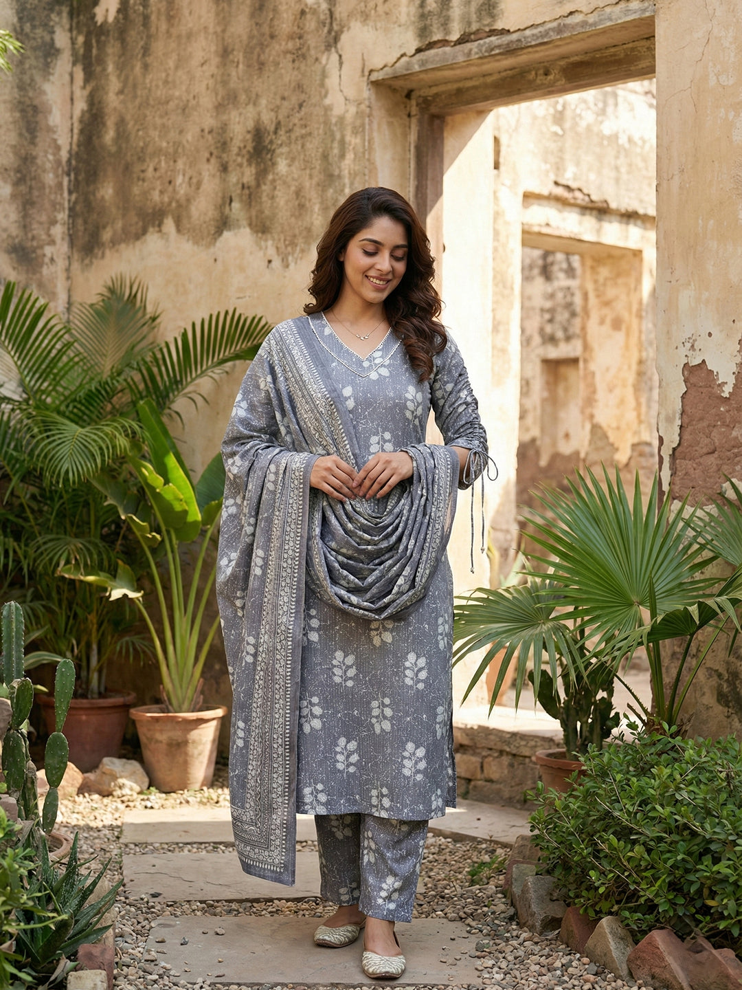 Jaitpuriya Grey Pure Cotton Straight Regular Kurta Set