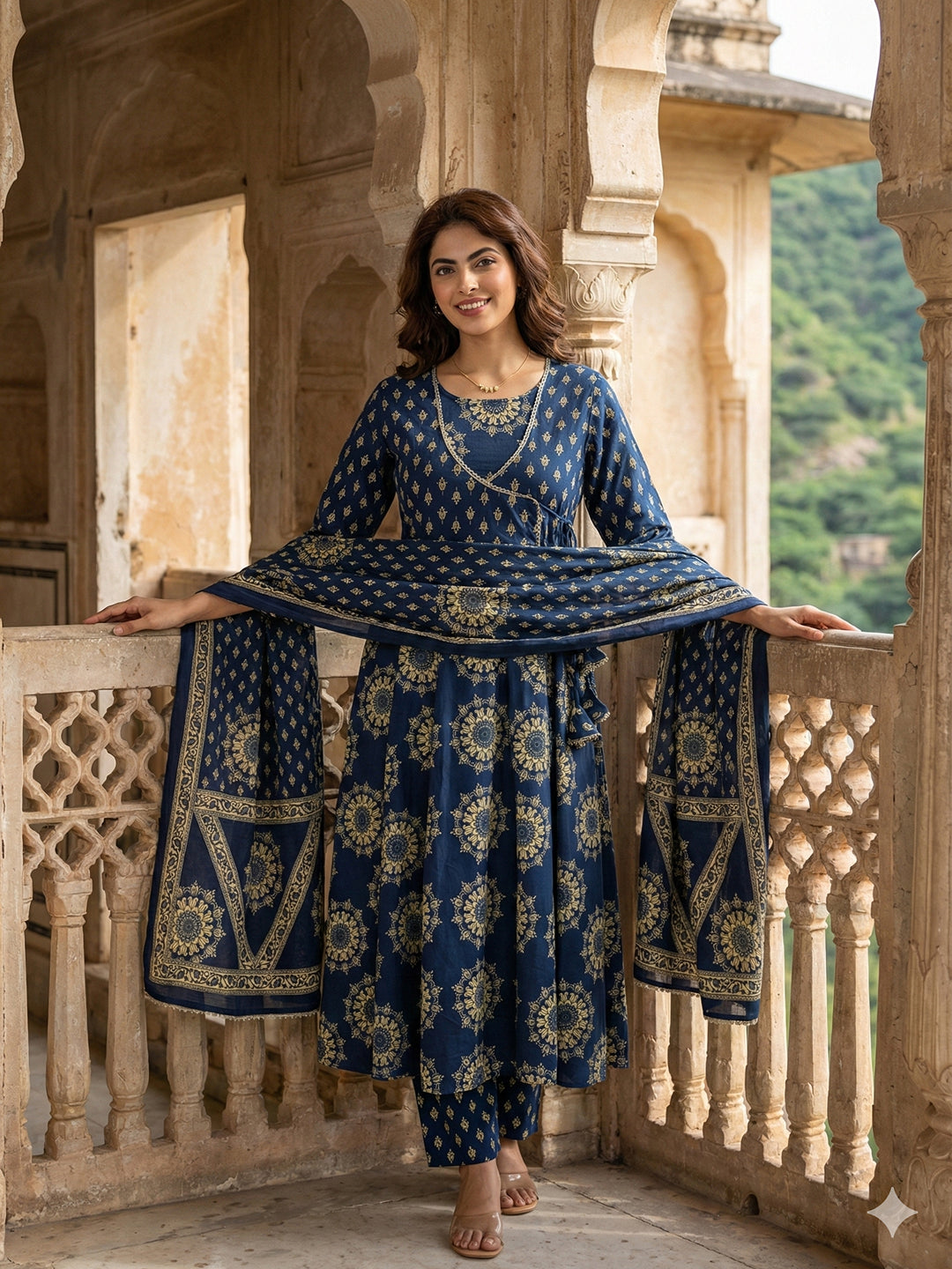 Jaitpuriya Blue Pure Cotton Anarkali Angrakha Kurta Set