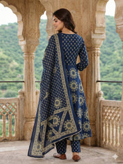 Jaitpuriya Blue Pure Cotton Anarkali Angrakha Kurta Set