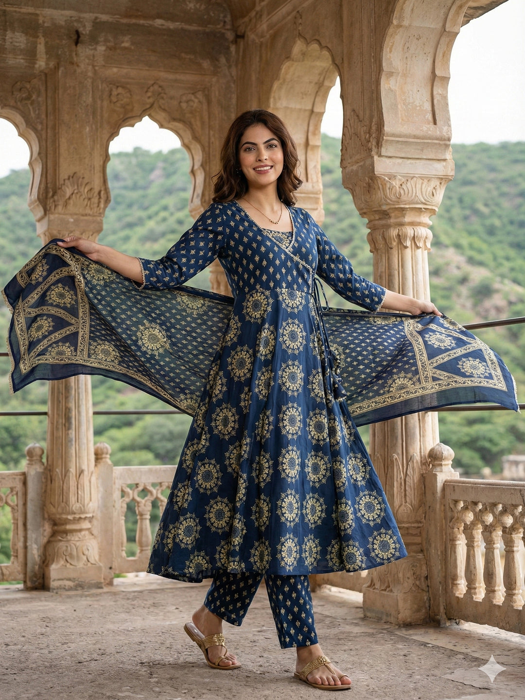 Jaitpuriya Blue Pure Cotton Anarkali Angrakha Kurta Set