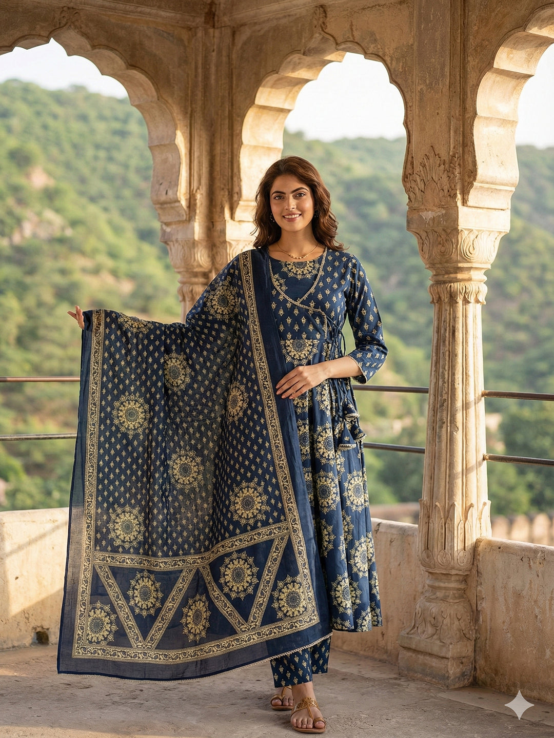 Jaitpuriya Blue Pure Cotton Anarkali Angrakha Kurta Set