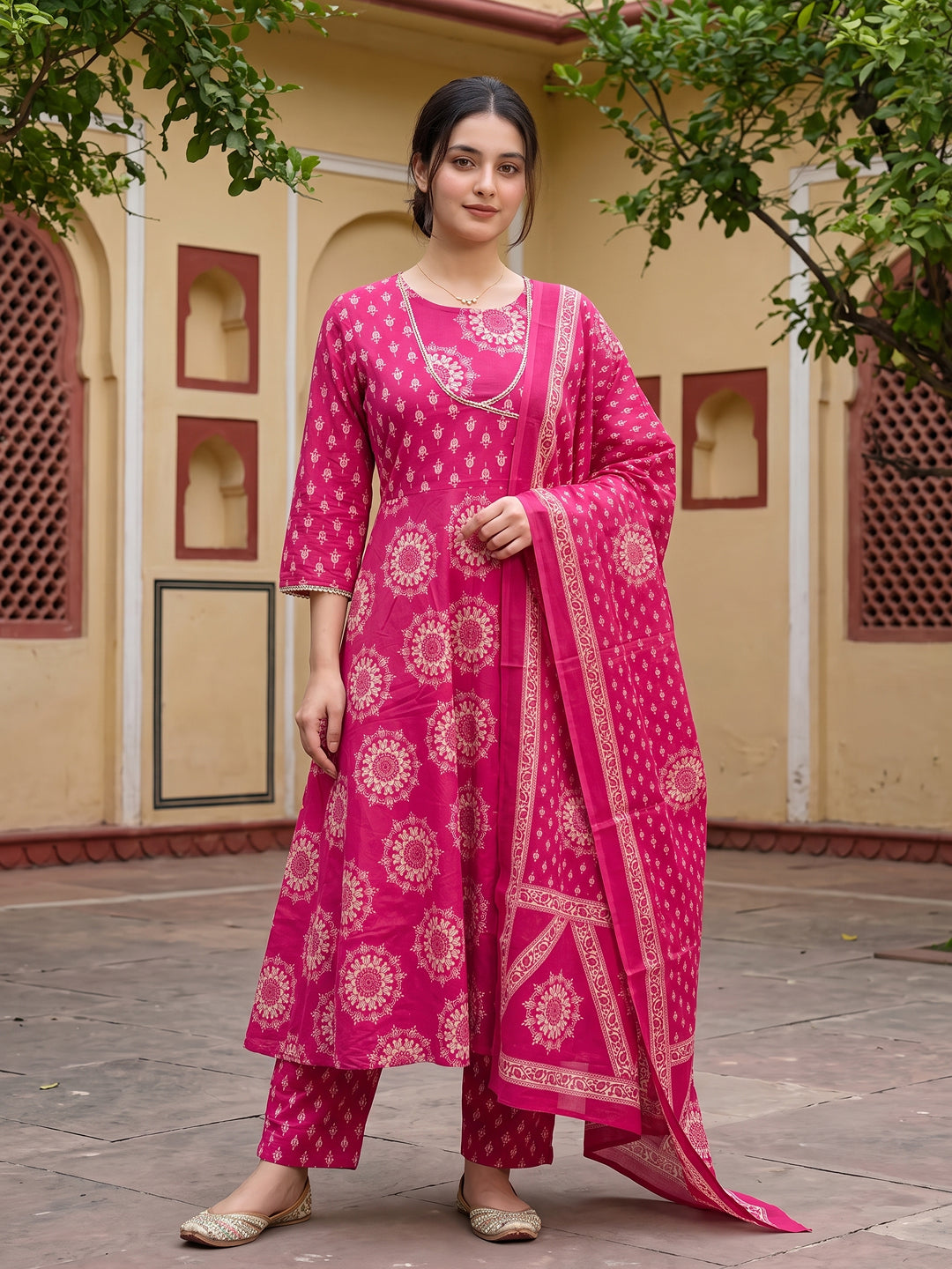 Jaitpuriya Pink Pure Cotton Anarkali Angrakha Kurta Set
