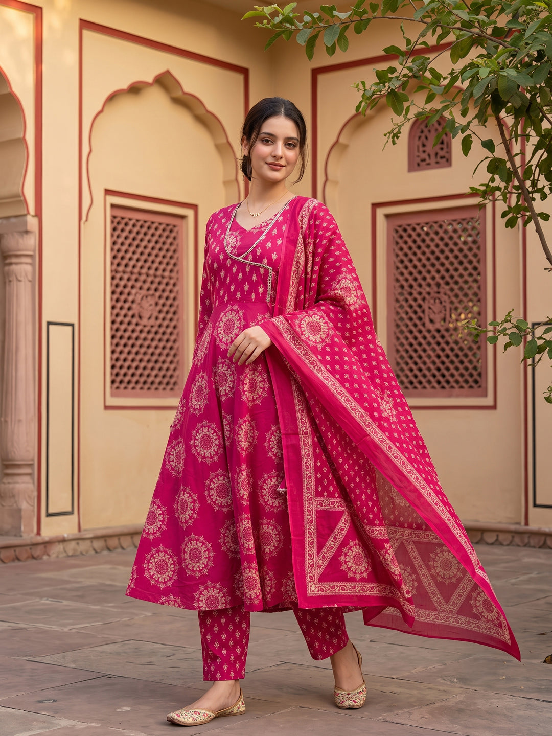 Jaitpuriya Pink Pure Cotton Anarkali Angrakha Kurta Set