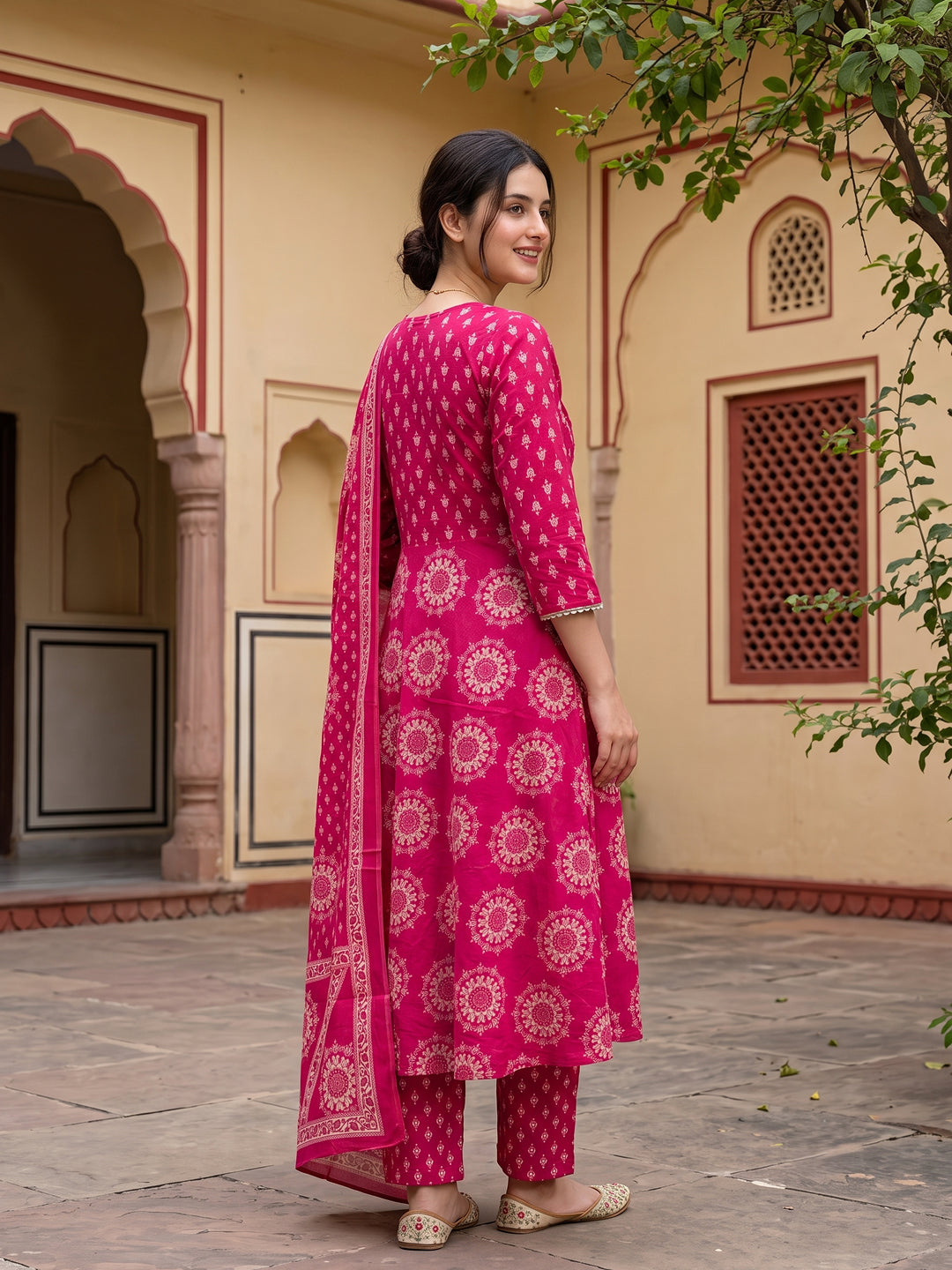 Jaitpuriya Pink Pure Cotton Anarkali Angrakha Kurta Set