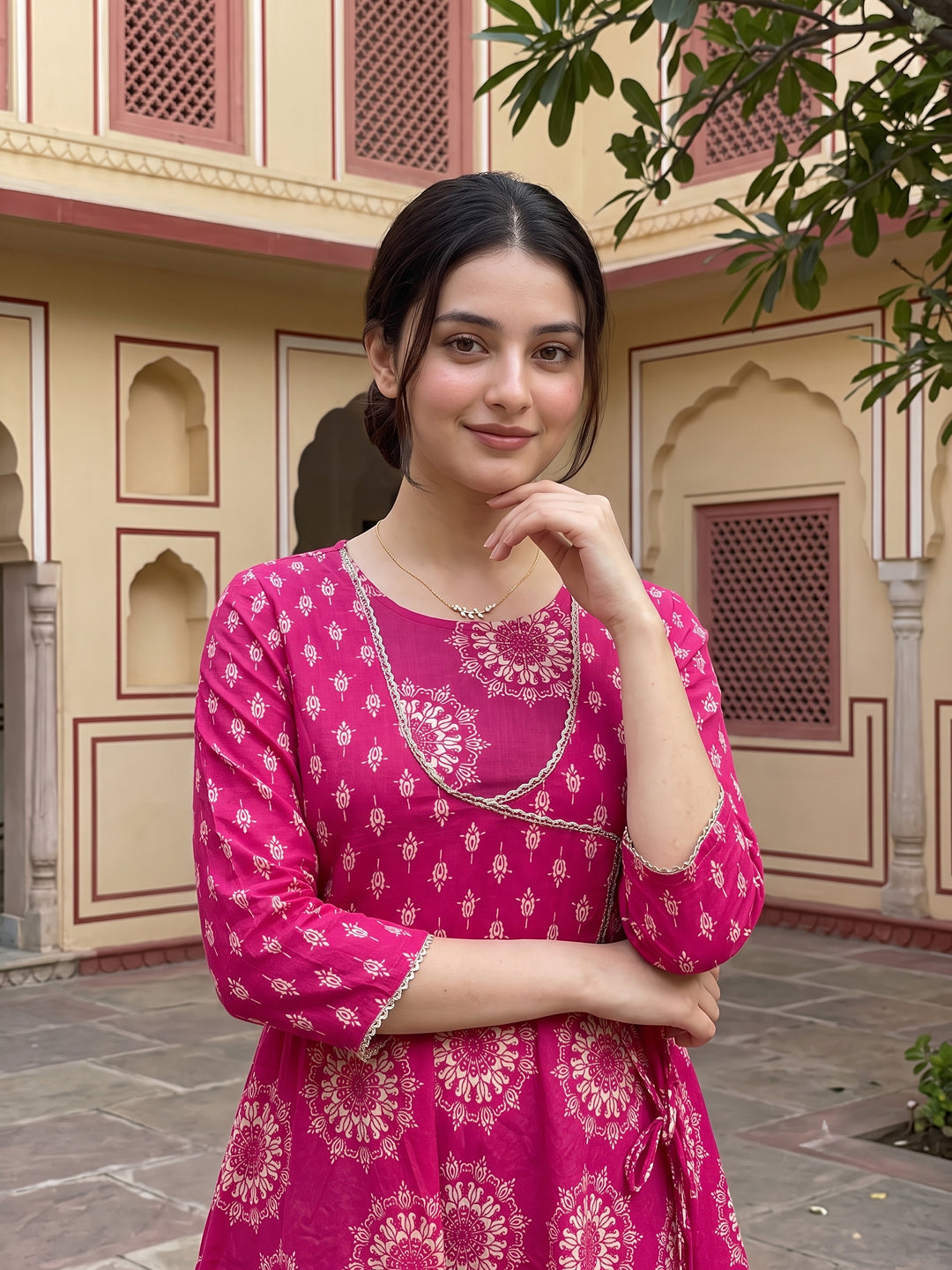 Jaitpuriya Pink Pure Cotton Anarkali Angrakha Kurta Set